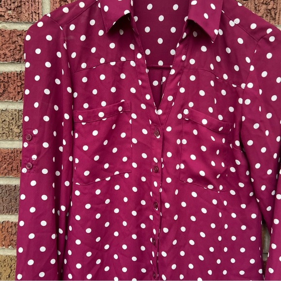 Express Burgundy and White Polka Dot Collared The Portofino Shirt Blouse Top - Picture 2 of 3